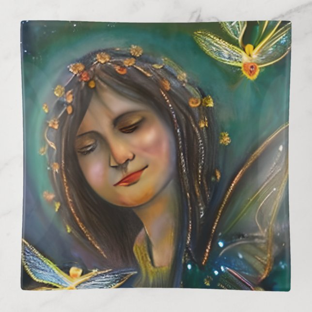 Ethereal Fairy Girl and Golden Butterfly Trinket Tray (Front)