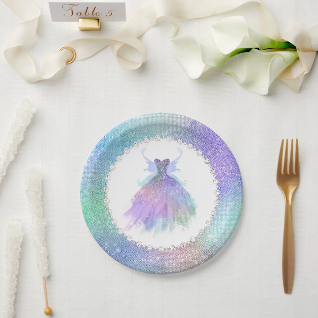 Ethereal Fairy Gown | Rainbow Ombre Pastel Sheen Paper Plates (Wedding)