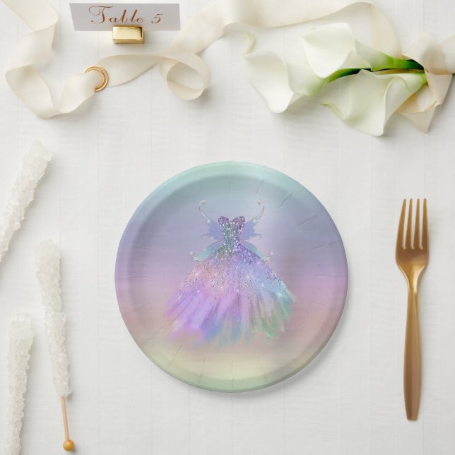 Ethereal Fairy Gown | Rainbow Ombre Pastel Sheen Paper Plates (Wedding)