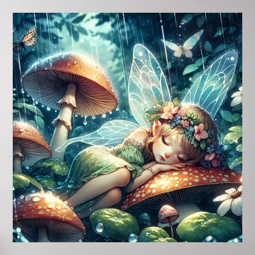 Ethereal Fairy Sleeping on a Mushroom Poster