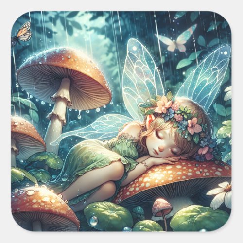 Ethereal Fairy Sleeping on a Mushroom Square Sticker