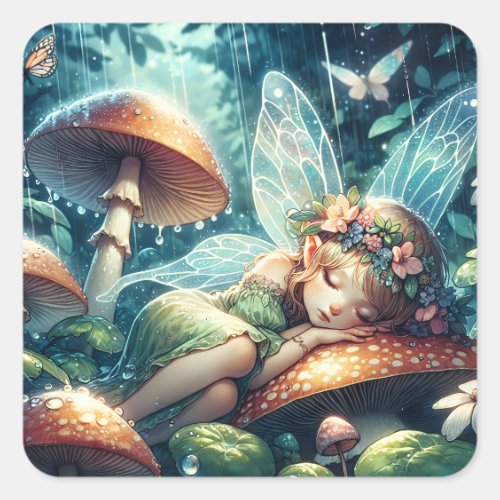 Ethereal Fairy Sleeping on a Mushroom Square Sticker