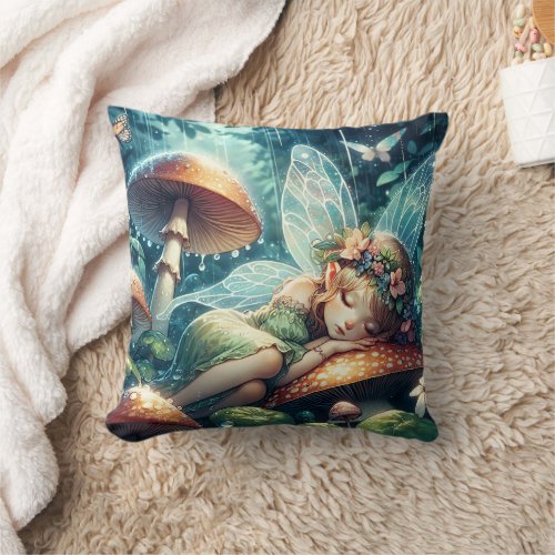 Ethereal Fairy Sleeping on a Mushroom Throw Pillow