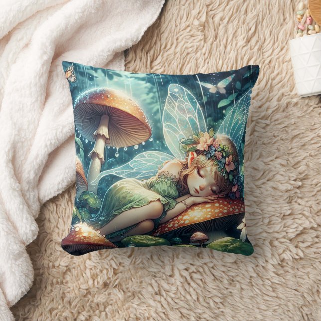 Ethereal Fairy Sleeping on a Mushroom Throw Pillow (Blanket)