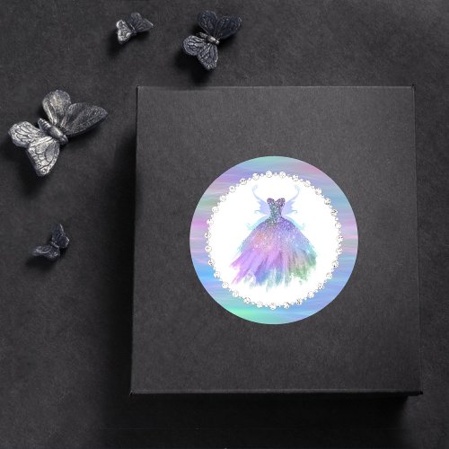 Ethereal Fairy Wing Gown  Rainbow Pastel Ombre Classic Round Sticker