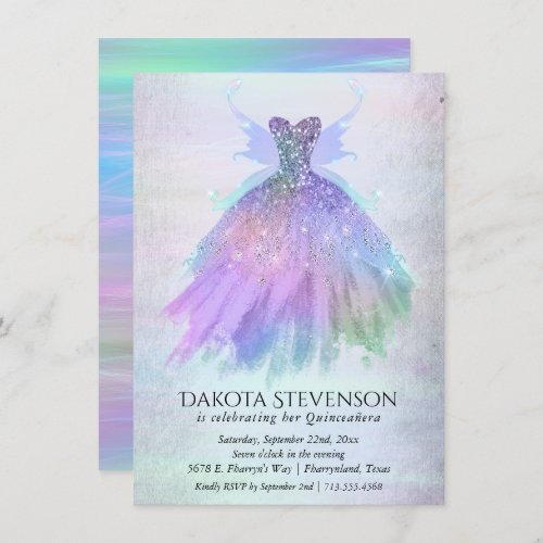 Ethereal Fairy Wing Gown  Rainbow Pastel Sheen Invitation