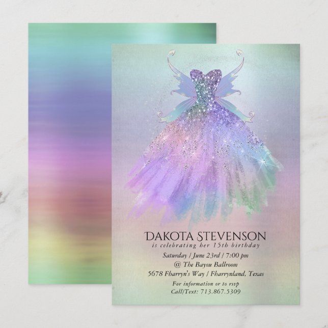 Ethereal Fairy Wing Gown | Rainbow Pastel Sheen Invitation (Front/Back)