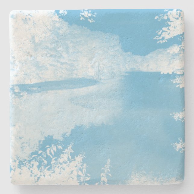 Ethereal Fantasy Blue, White Winter River Stone Coaster (Front)