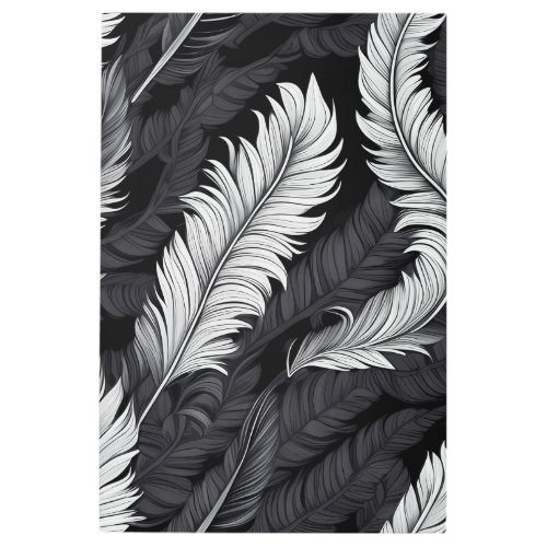 Ethereal Feathers Pattern _ Black  White Metal Print