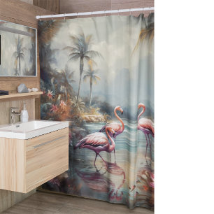 Ethereal Flamingo Lagoon & Tropical Bloom Shower Curtain