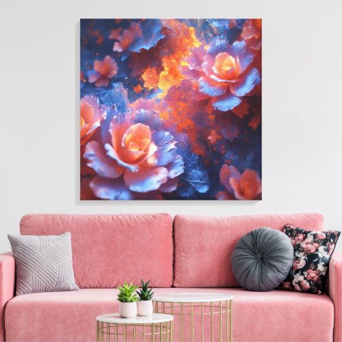Ethereal Floral Energy – Blue & Fiery Rose Art Canvas Print