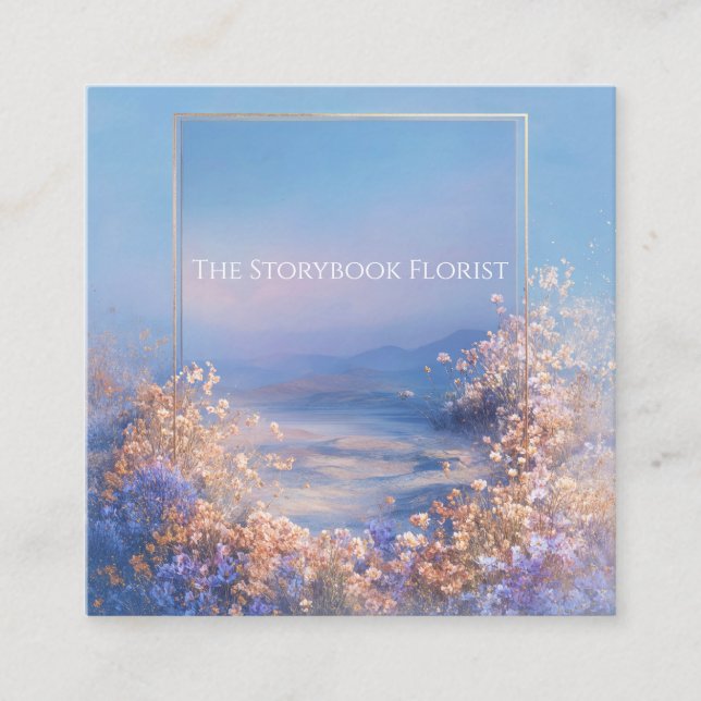 Ethereal Floral Meadow Gold Frame Serene Landscape Square Business Card (Front)