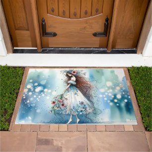 Ethereal Flower Fairy in Watercolor Dreamscape Doormat