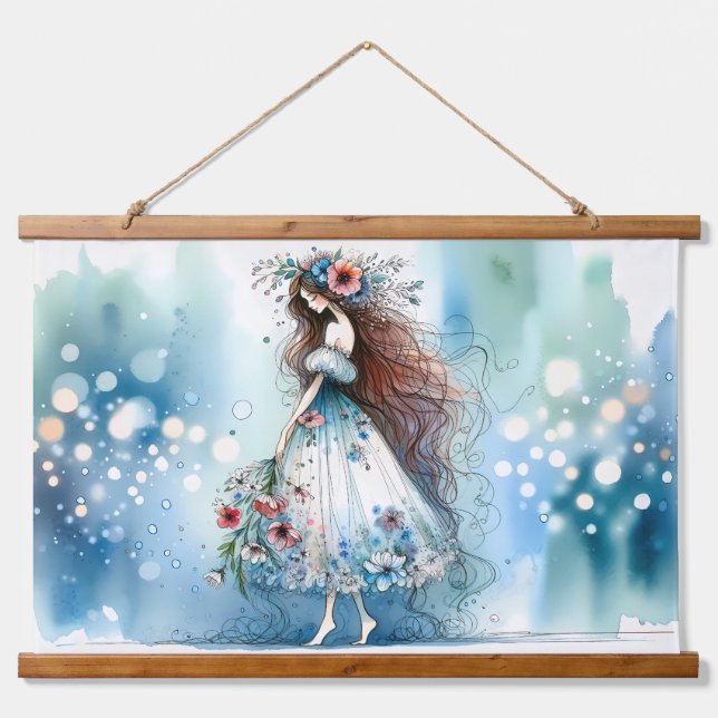 Ethereal Flower Fairy in Watercolor Dreamscape Hanging Tapestry (Front)