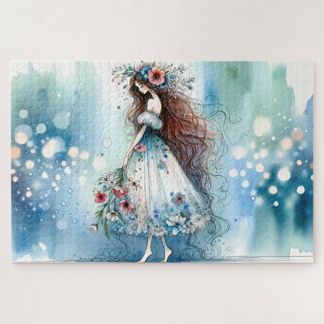 Ethereal Flower Fairy in Watercolor Dreamscape Jigsaw Puzzle (Horizontal)