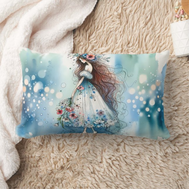 Ethereal Flower Fairy in Watercolor Dreamscape Lumbar Pillow (Blanket)