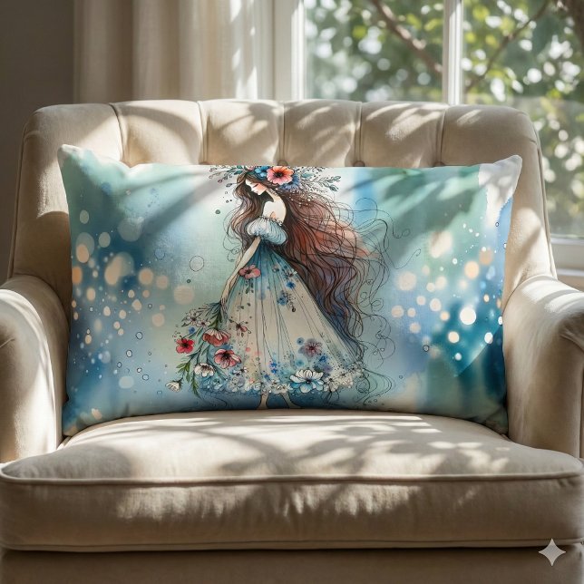 Ethereal Flower Fairy in Watercolor Dreamscape Lumbar Pillow (Ethereal Flower Fairy in Watercolor Dreamscape Lumbar Pillow Mockup A)