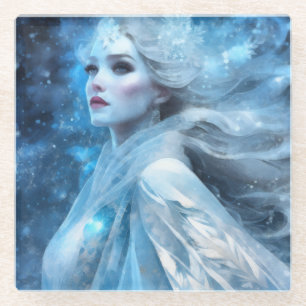 Ethereal Frozen Snow Queen Fantasy Art Glass Coaster