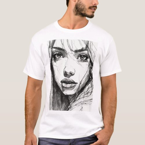 Ethereal Gaze Scratchy Pen Portrait T_Shirt