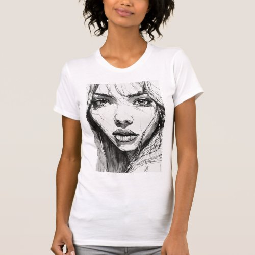 Ethereal Gaze Scratchy Pen Portrait T_Shirt