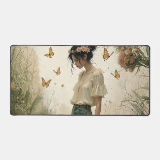 Ethereal Girl with Butterflies in Nature Desk Mat