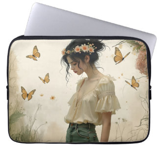 Ethereal Girl with Butterflies in Nature Laptop Sleeve
