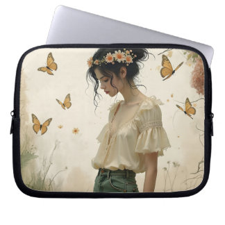 Ethereal Girl with Butterflies in Nature Laptop Sleeve