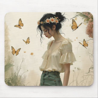 Ethereal Girl with Butterflies in Nature Mouse Pad