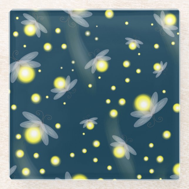 Ethereal Glowing Fireflies at Night Pattern Glass Coaster (Front)