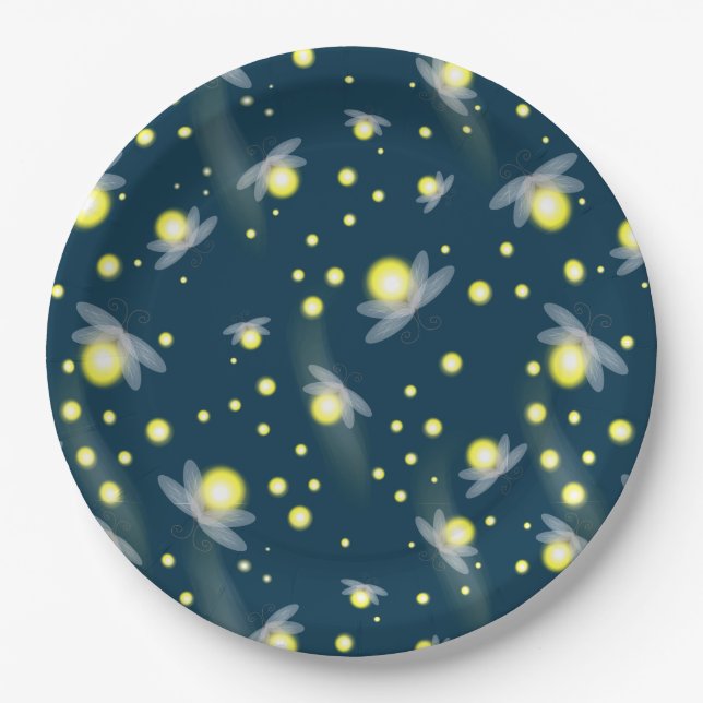 Ethereal Glowing Fireflies at Night Pattern Paper Plates (Front)