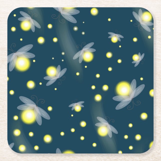 Ethereal Glowing Fireflies at Night Pattern Square Paper Coaster (Front)