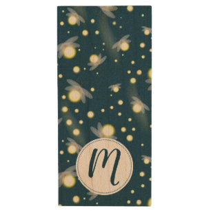 Ethereal Glowing Fireflies at Night Pattern Wood USB Flash Drive