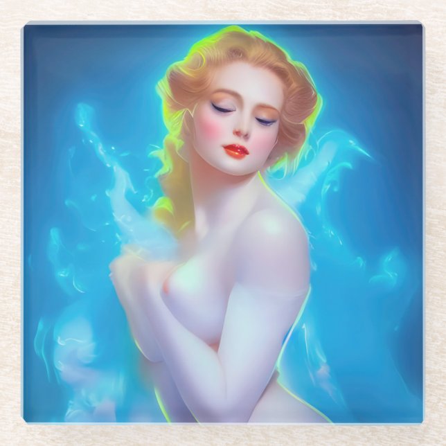 Ethereal Goddess Portrait – Surreal Fantasy Glass Coaster (Front)