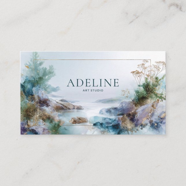 Ethereal Gold Dust Rocky Coast Abstract Landscape Business Card (Front)
