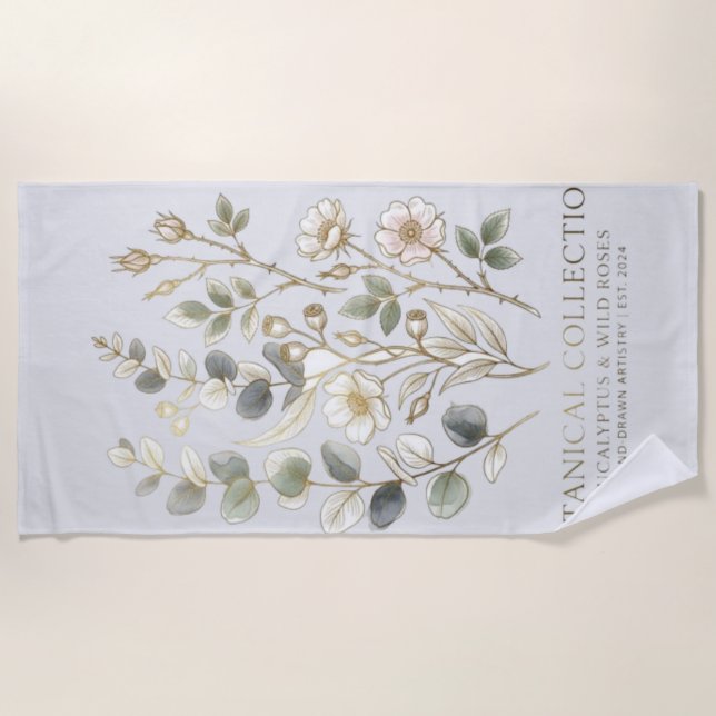 Ethereal Gold & Sage Botanical Collection Beach Towel (Front)