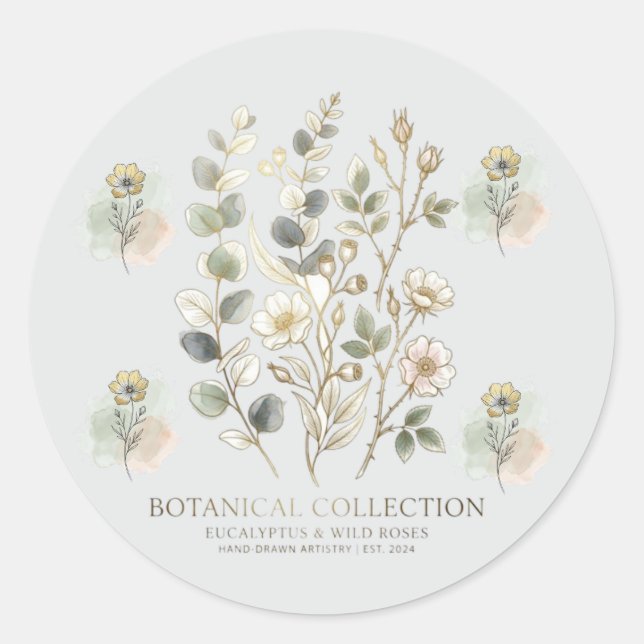 Ethereal Gold & Sage Botanical Collection Classic Round Sticker (Front)