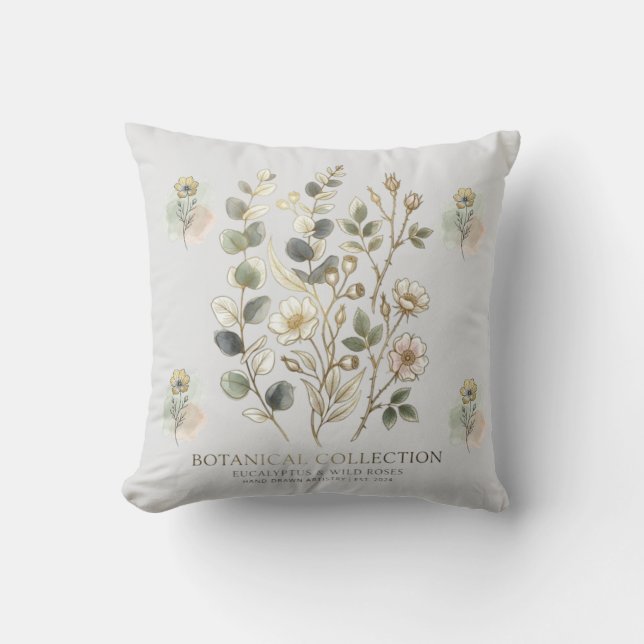 Ethereal Gold & Sage Botanical Collection Throw Pillow (Front)