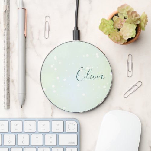 Ethereal Green Galaxy Style with Name Wireless Charger