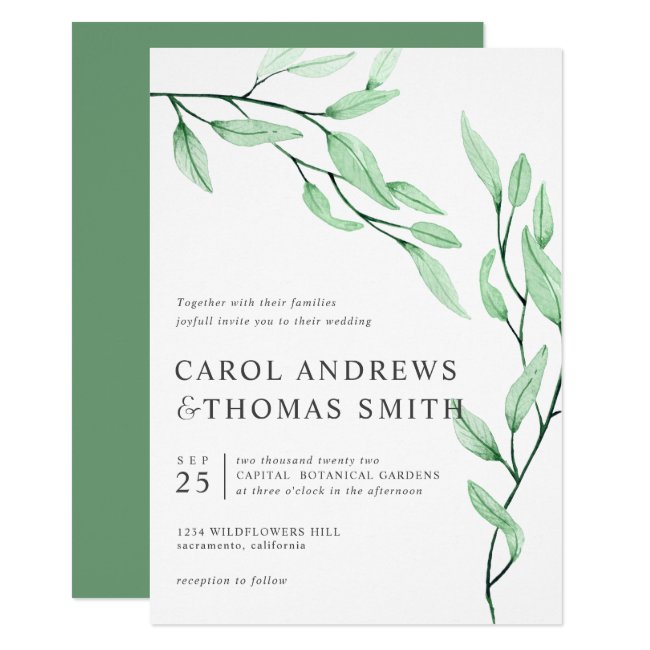 Ethereal Green | Vertical Botanical Leaves wedding Invitation