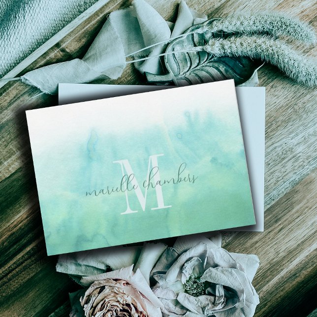 Ethereal Green Watercolor Monogram  Note Card (Creator Uploaded)