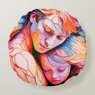 Ethereal Guardian Embrace – Fantasy Stained Glass  Round Pillow