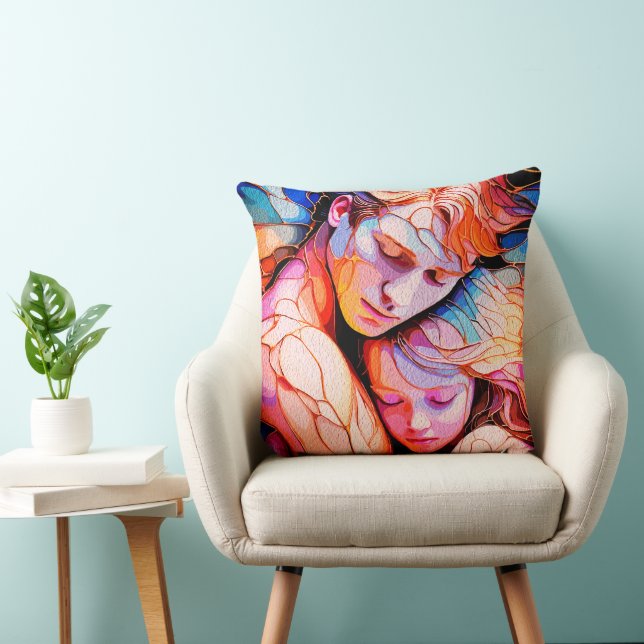 Ethereal Guardian Embrace – Fantasy Stained Glass Throw Pillow (Chair)