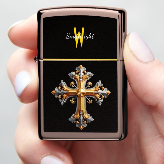 Ethereal Harmony: Gold and Silver Cross Zippo Lighter (In Hand)