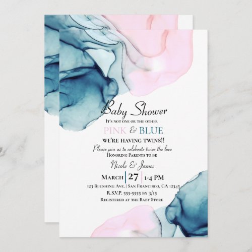 Ethereal Inky Teal Pink  Blue Boy Girl Twins Invitation