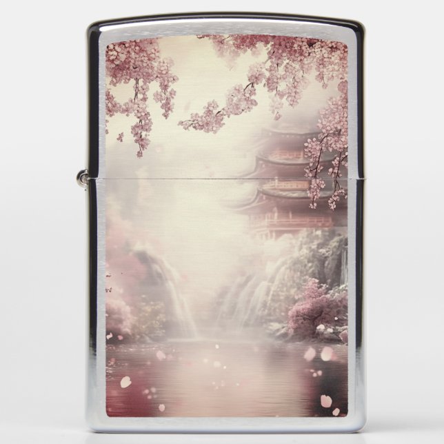 Ethereal Japanese Pagoda & Pink Cherry Blossom Zippo Lighter (Front)