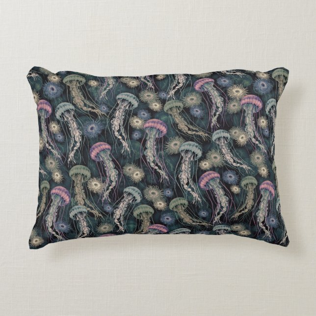 Ethereal Jellyfish and Anemones in Teal and Pink Accent Pillow (Front)