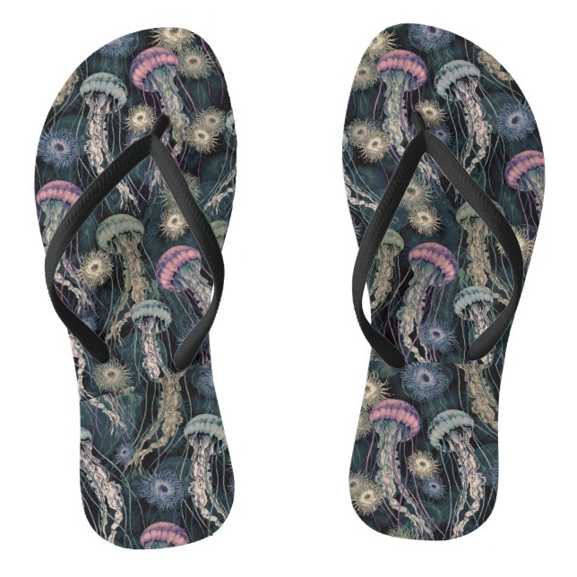 Ethereal Jellyfish and Anemones in Teal and Pink Flip Flops (Footbed)