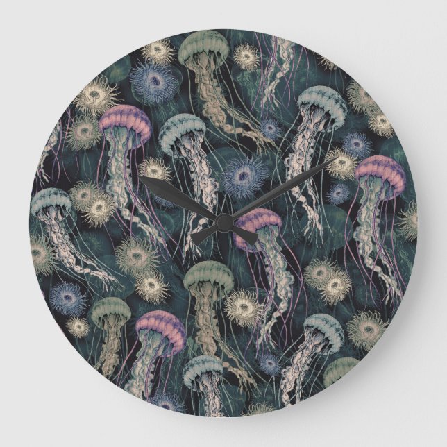 Ethereal Jellyfish and Anemones in Teal and Pink Large Clock (Front)