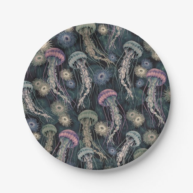 Ethereal Jellyfish and Anemones in Teal and Pink Paper Plates (Front)