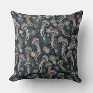 Ethereal Jellyfish and Anemones in Teal and Pink Throw Pillow